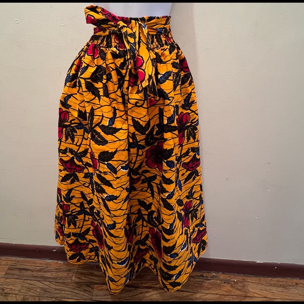 African Tribal Yellow Maxi Wide Flare Skirt W/ Pockets & Bow Tie